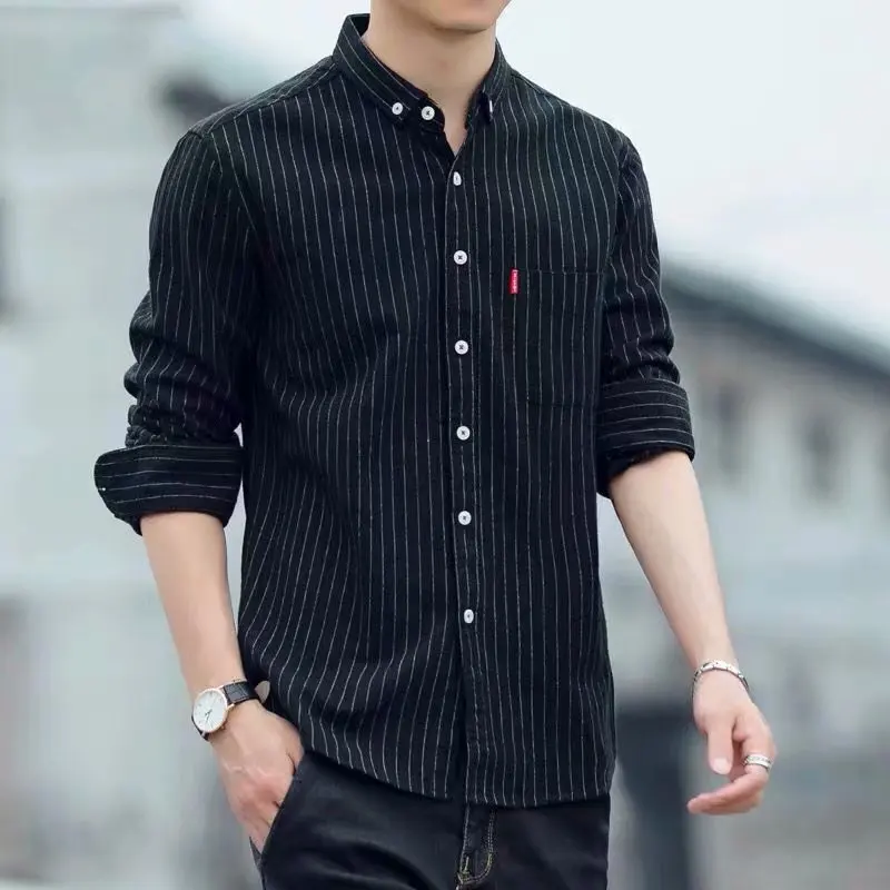 Long Sleeve Casual Shirt Men's Spring Autumn off Duty Oxford Cloth Pure Color Point Collar Slim Fit Printed Youth Fashion