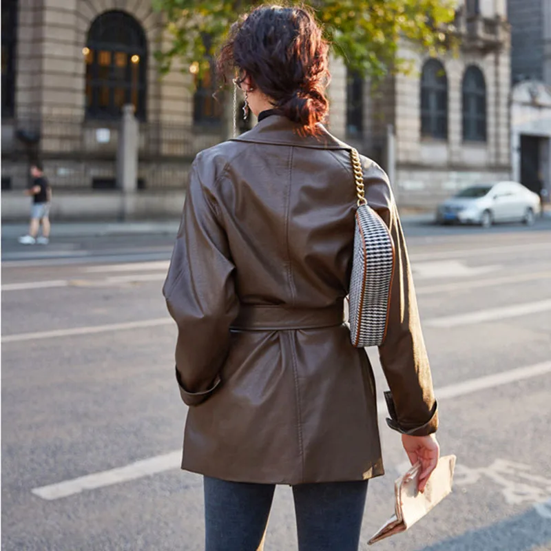 Vintage Women Faux Leather Jackets Lapel Collar Design Single Breasted Luxury Top Loose Fit Mid‑Length Casual Street Outer Coats