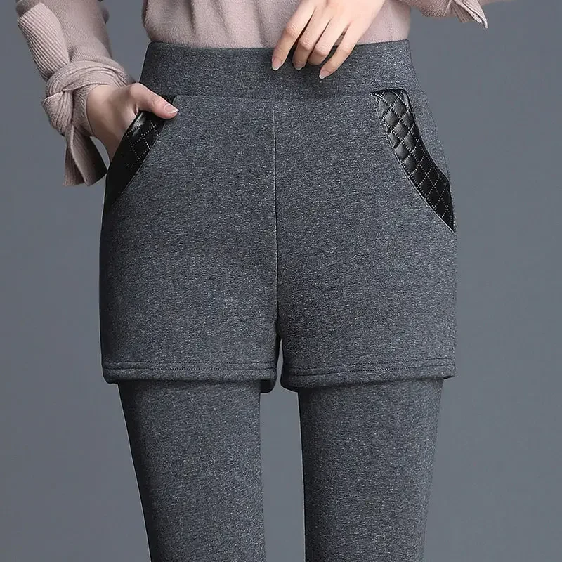 High Waist Thickened Fleece Women's Autumn Winter Elastic Warm Trousers Slim Fit Pants Comfortable Casual Style Polyester Fiber