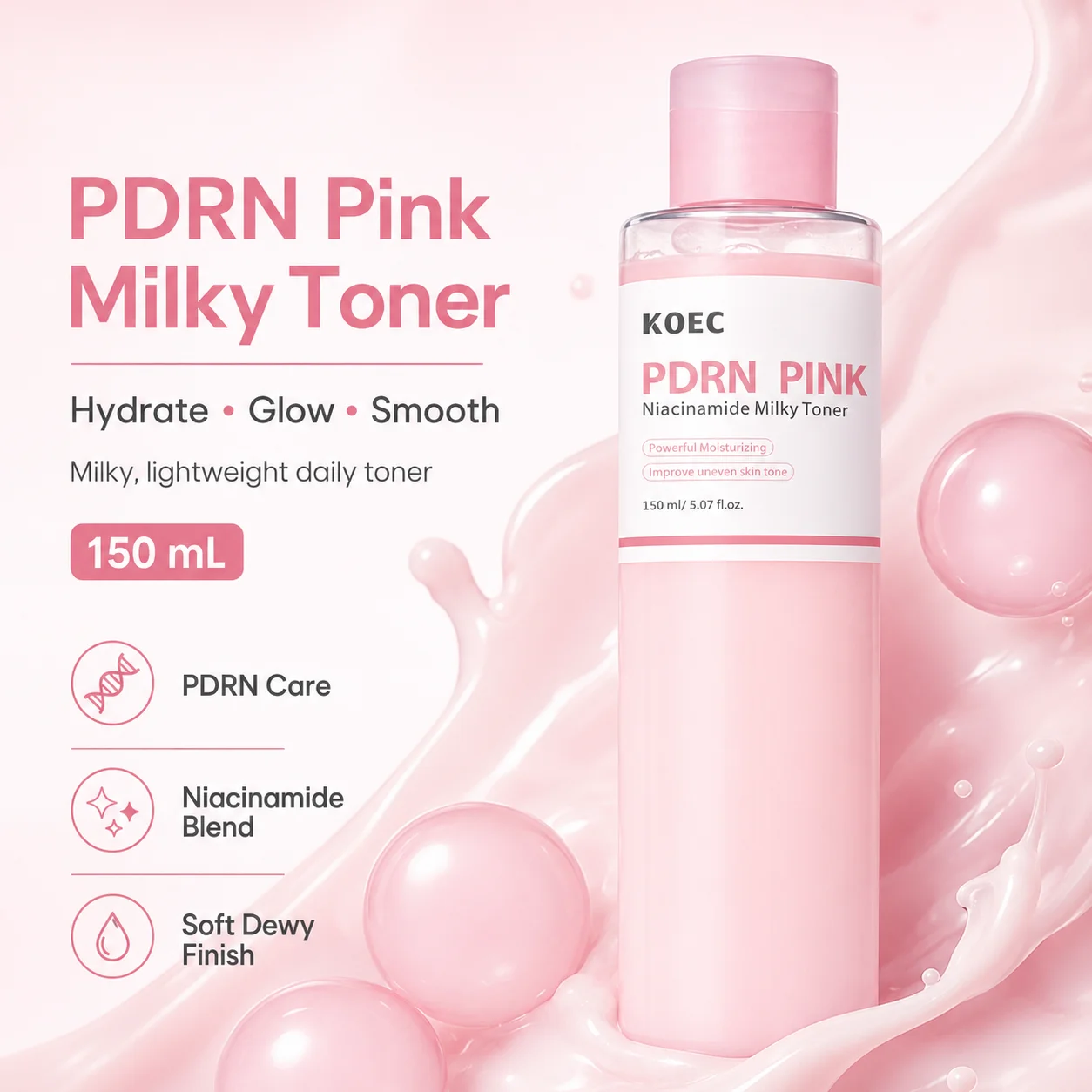 KOEC Pink PDRN Niacinamide Milky Toner, Hydrating Milk Toner for Face with Salmon PDRN, Niacinamide, Peptides & Ceramides, Glass Skin Toner to Moisturize, Enhance Skin Luster & Improve Uneven Skin Tone, 150ml/5.07fl.oz
