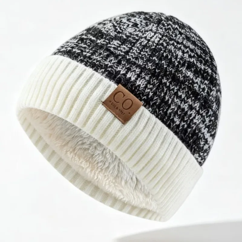New Unisex Two-Tone Winter Hats Add Fur Lined Men And Women Fashion Warm Beanie Cap Casual Winter Knitted Hats