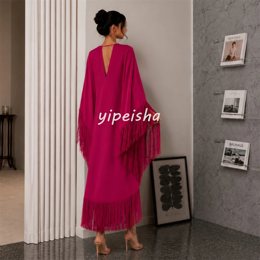

Customized Formal Women Jersey Ruched Tassel A-Line Evening Dresses Modern Style V-neck Long Sleeves Hi-Lo Dresses Prom Dresses