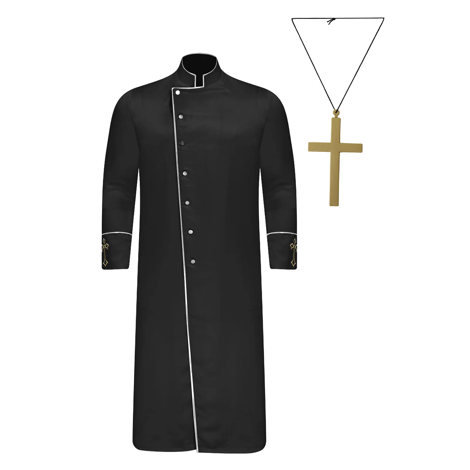 

Men Jesus Festival Priest Clergy Cosplay Performance Robe with Cross Necklace Long Sleeve with Cross Embroidery Cassock Jackets