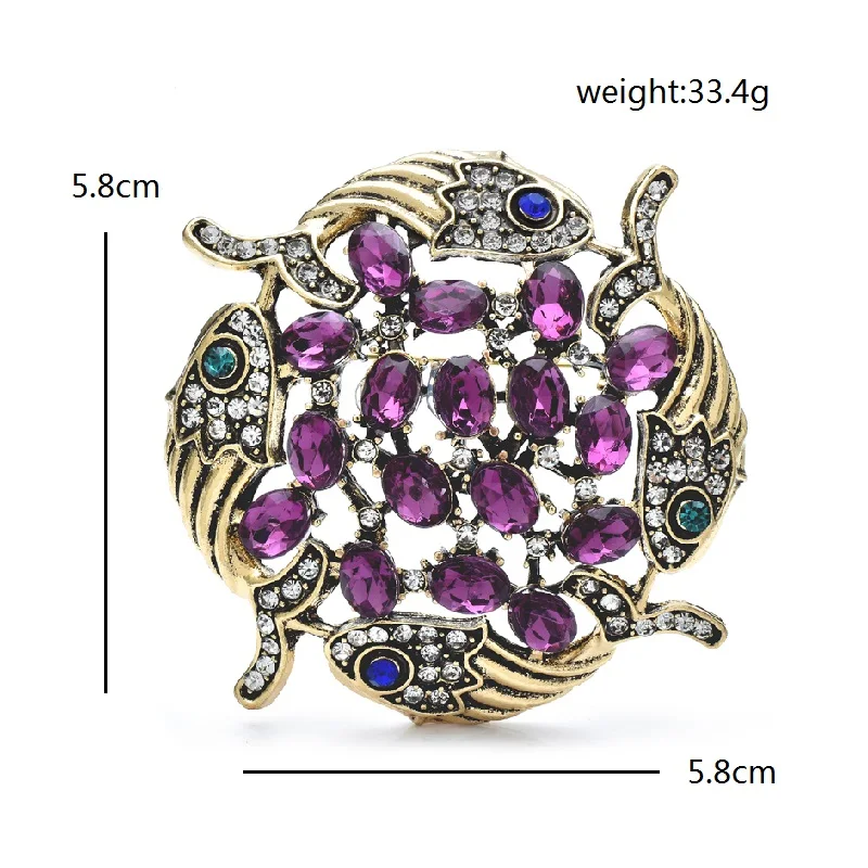 Wuli&baby Vintage Crystal Fishes Round Brooches Women Unisex Designer Fortune Happiness Animal Party Office Brooch Pins Gifts