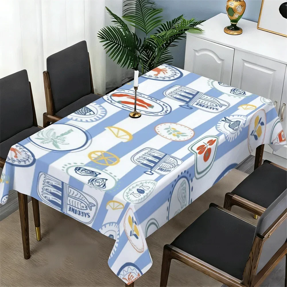 A rectangular tablecloth with a seafood pattern and blue and white stripes, perfect for the kitchen.yzb