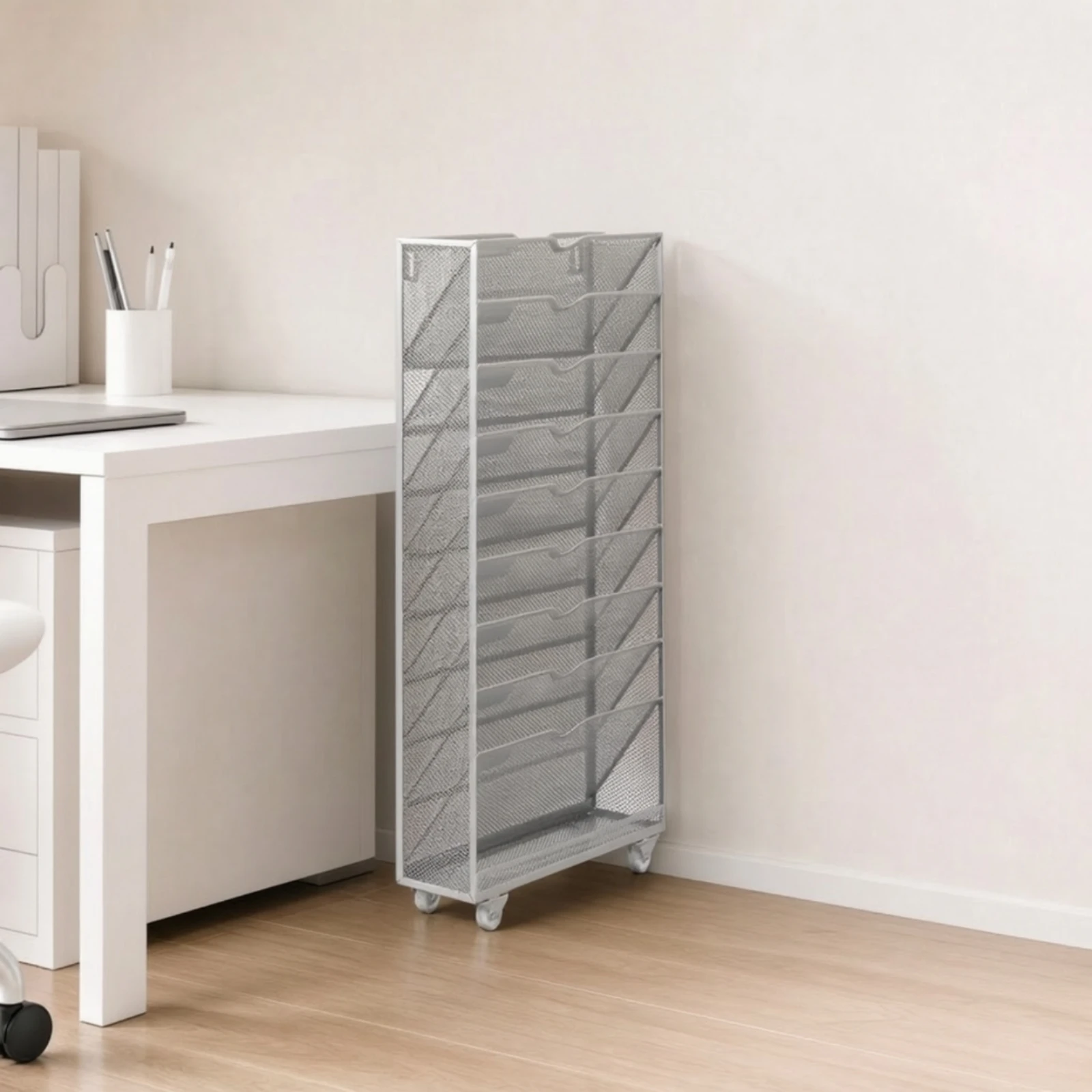 Vertical Book Organizer with Wheels Wheeled Slanted Compartment Document Rack Metal Mesh File Organizer Multifunctional