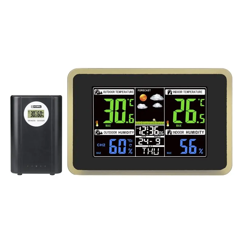 Indoor Outdoor Digital Weather Station Clock Thermometer Hygrometer Forecast Wireless Touch Screen
