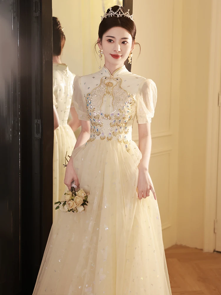 

Champagne Color Evening Gown Women's Engagement Dr New Chinese Sle Qipao Host Luxury Retro Sle Long Skirt Wedding D...