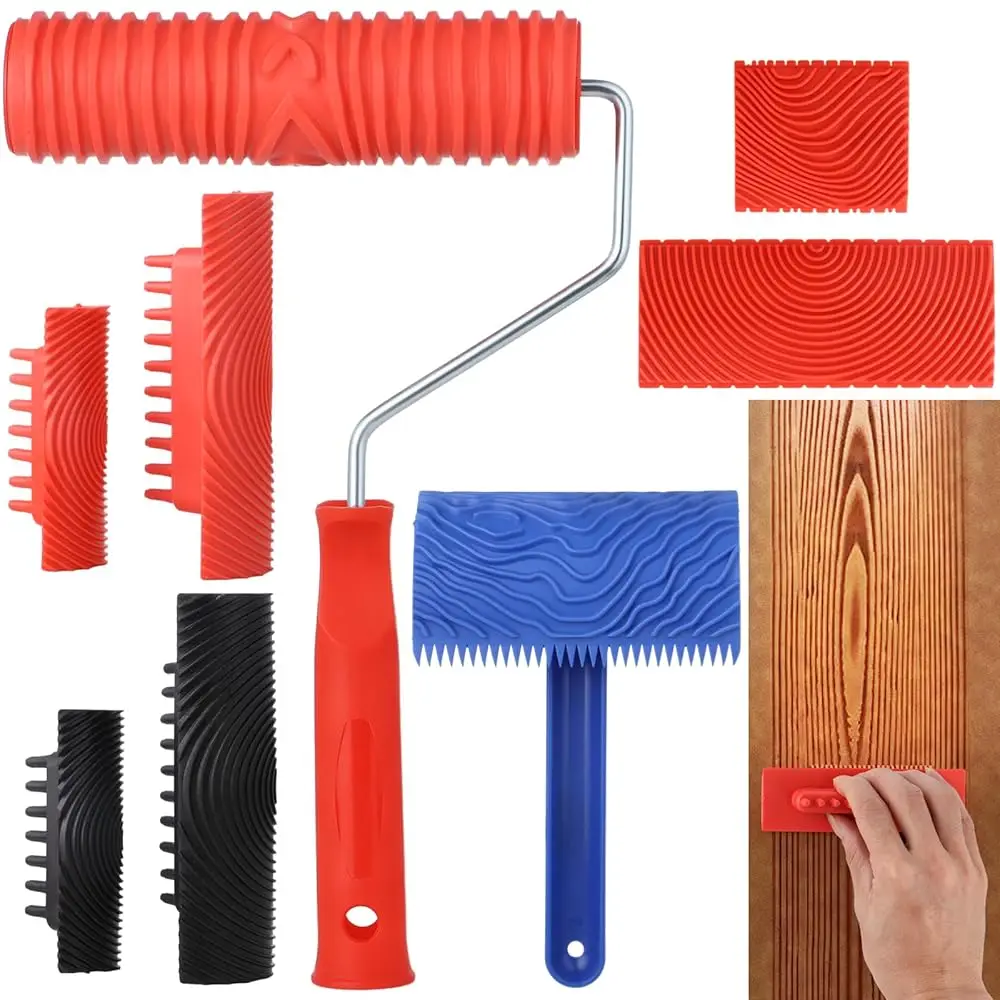 

Wood Graining Tool, 8Pcs Wood Grain Painting Tool Set, Wood Grain Painting Roller With Handle, Diy Rubber Wood Graining