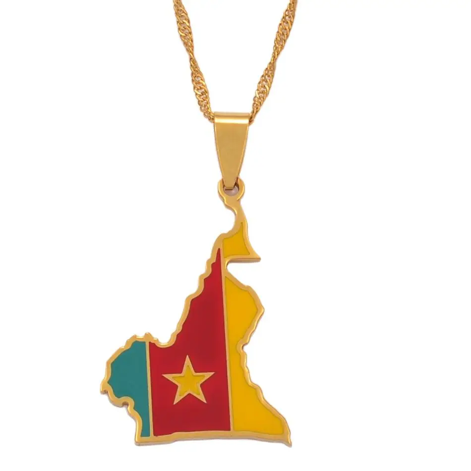 Anniyo Cameroon Map Flag Color Pendant Chain Necklaces Stainless Steel Jewelry Cameroun Country Maps Cameroonians  #098921