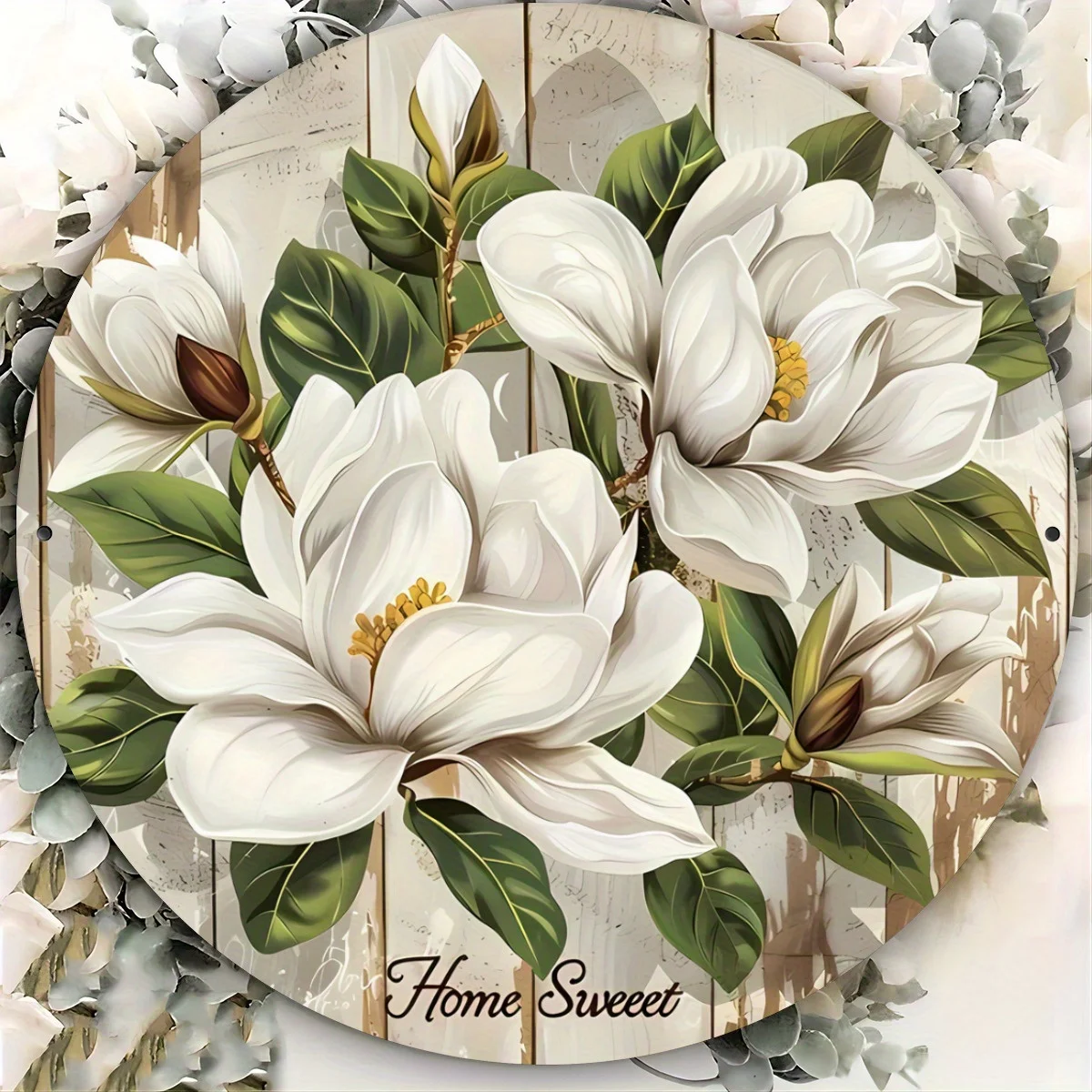 2D Flat, [2D Flat] 2D Flat Print 1pc Metal Iron Sign Charming Magnolia Flowers 8.0x8.0inch Round Sign - & Weather-Resistant Wall