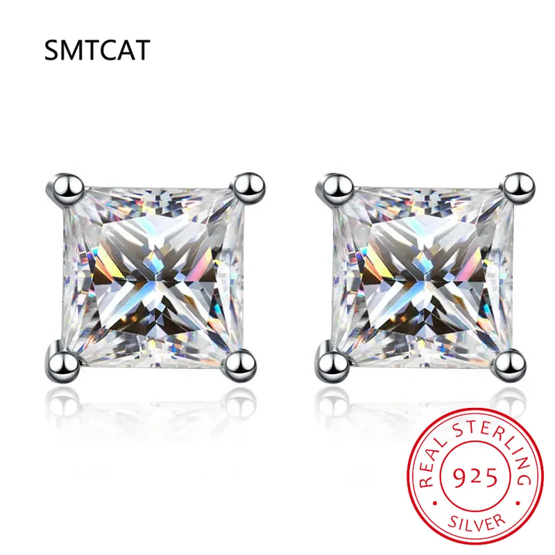 D Color Princess Cut Moissanite Earring s925 Sterling Sliver Plated with 18k White Gold Earrings for Women Fine Jewelry