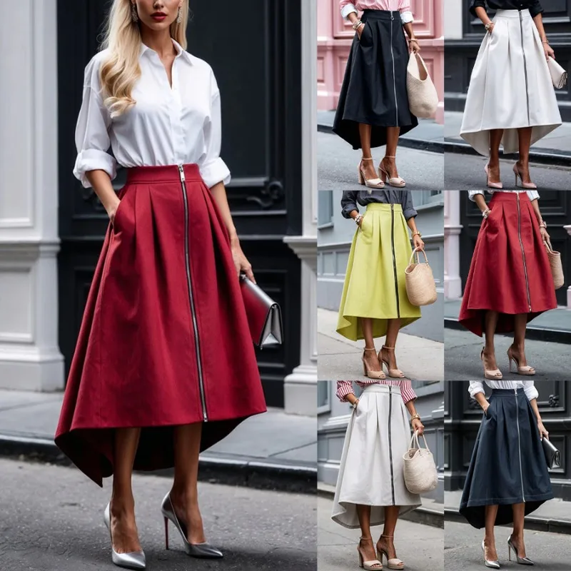 

Elegant Women Zipper Irregular Skirt with Pocket Office Lady High Waist Loose Pleated Long Skirt Streetwear