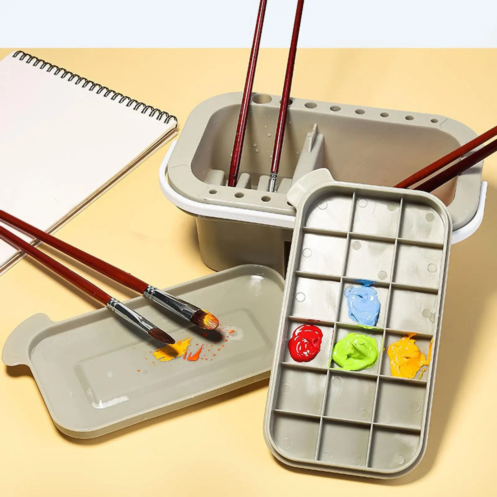 Paint Brush Basin with Brushes Holder, Washer,Trays, Palette, Artist Cleaner Cup for Oil Acrylic Gouache Painting with Lid