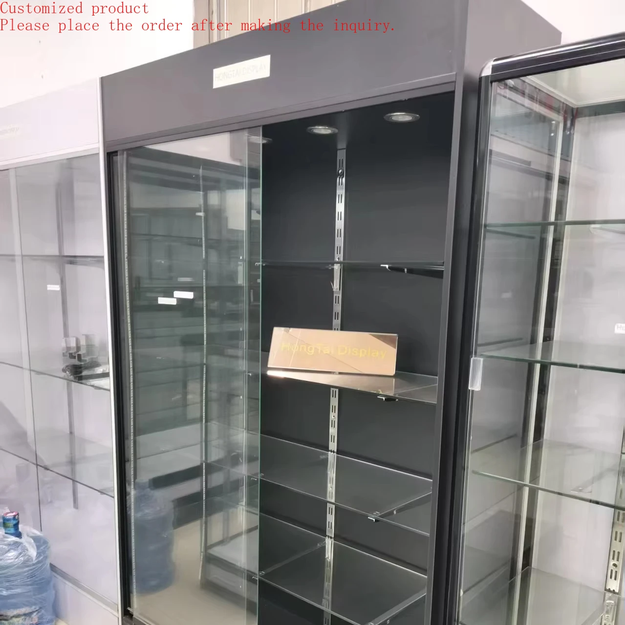 

Custom.Economic Wooden High Showcase Down Light Spot Light Glass Sliding Door Smoke Shop Display Shop Mall High Showcase Tall Ca