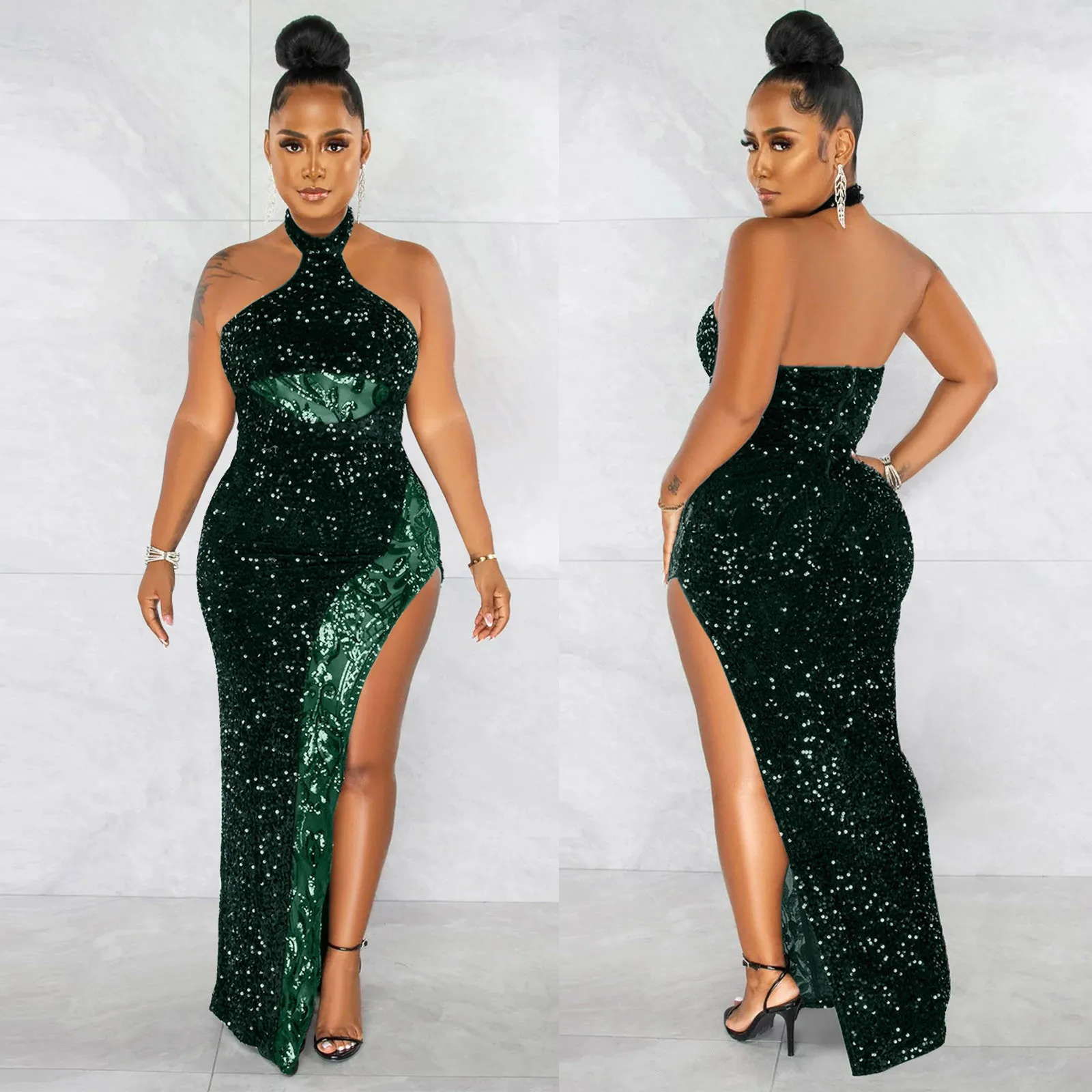 Vestidos plus size para mulheres curvas glitter brilhante lantejoulas sem mangas halterneck fenda lateral vestido de cocktail vestidos de festa elegantes