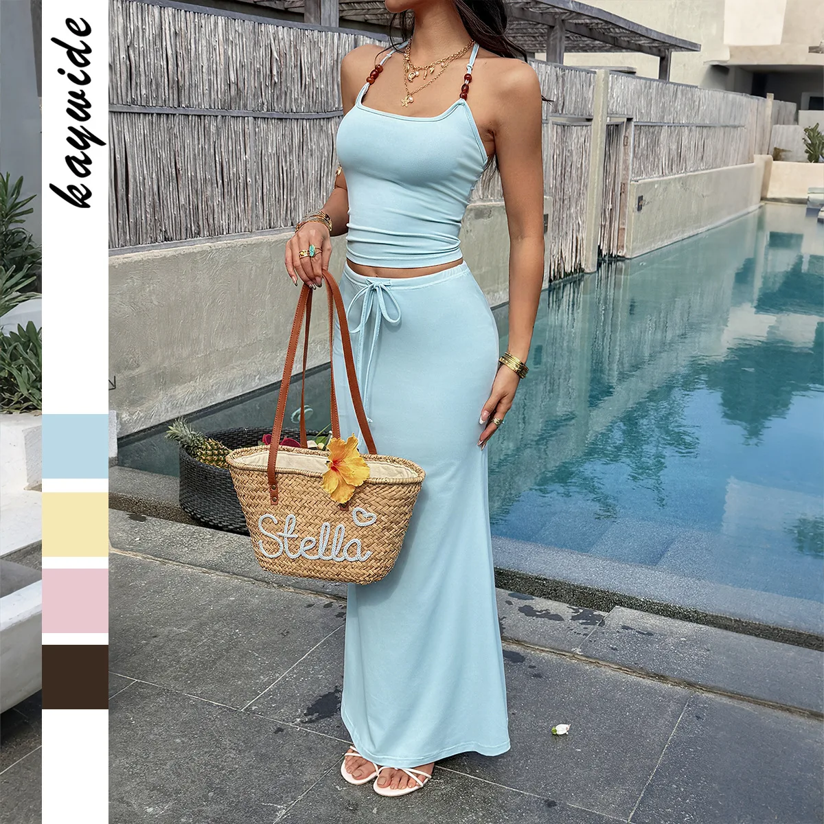 Knit Halter Beaded Skirt Set Y2K Knitted Evening Dress Women Long Slim Formal Party Wear