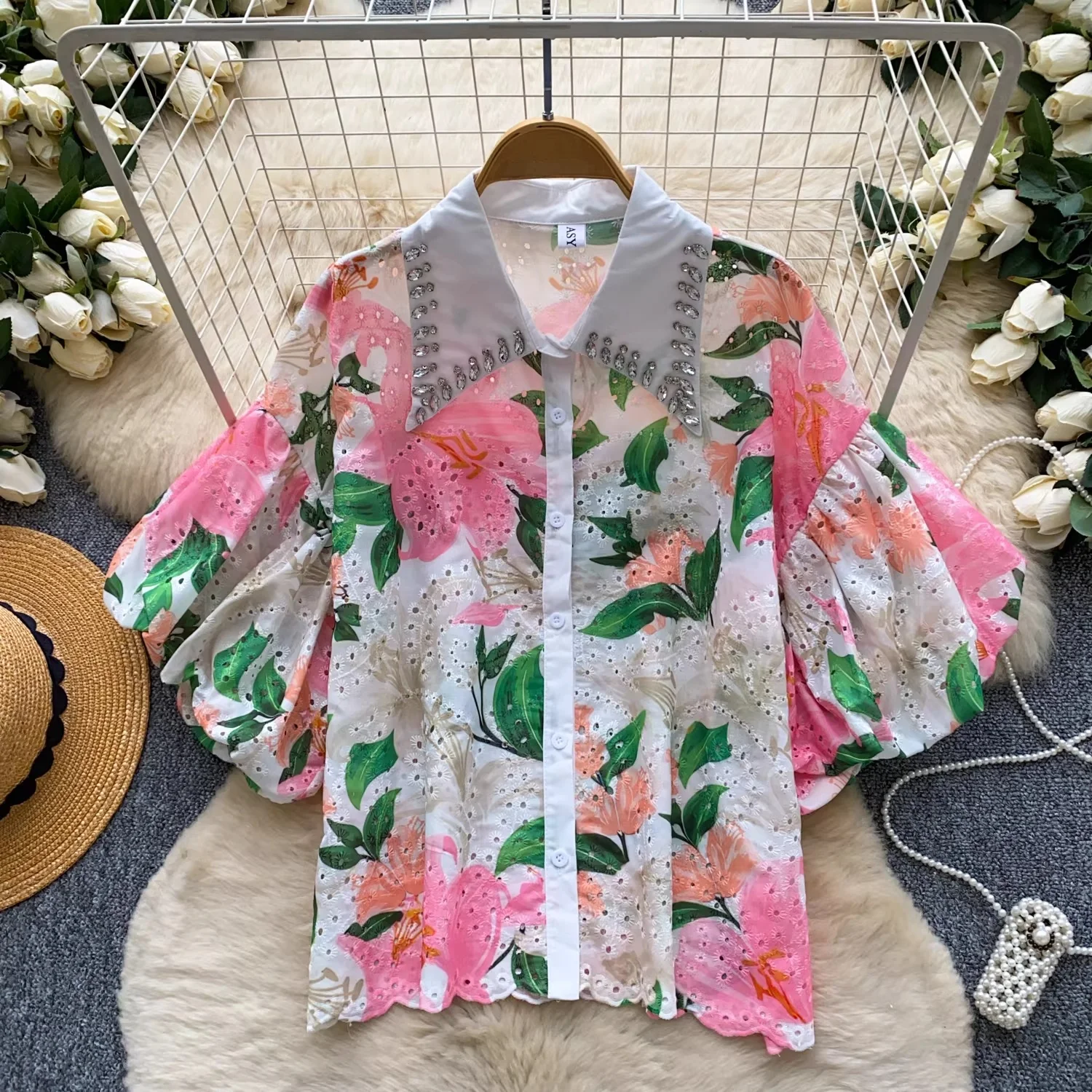 

Clothland Women Sweet Floral Beaded Blouse Loose Style Puff Sleeve Shirt Lace Hollow Out Fashion Shirts Blusa DA634