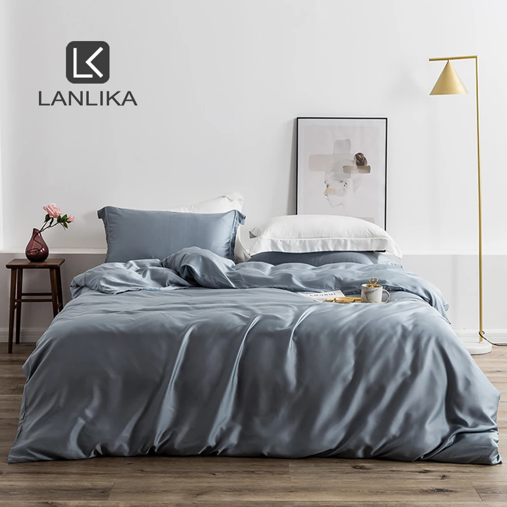 Lanlika Blue Gray 100% Silk Bedding Set Silky Healthy Queen King Duvet Cover Flat Sheet Bed Linen Set Pillowcase Home Textile