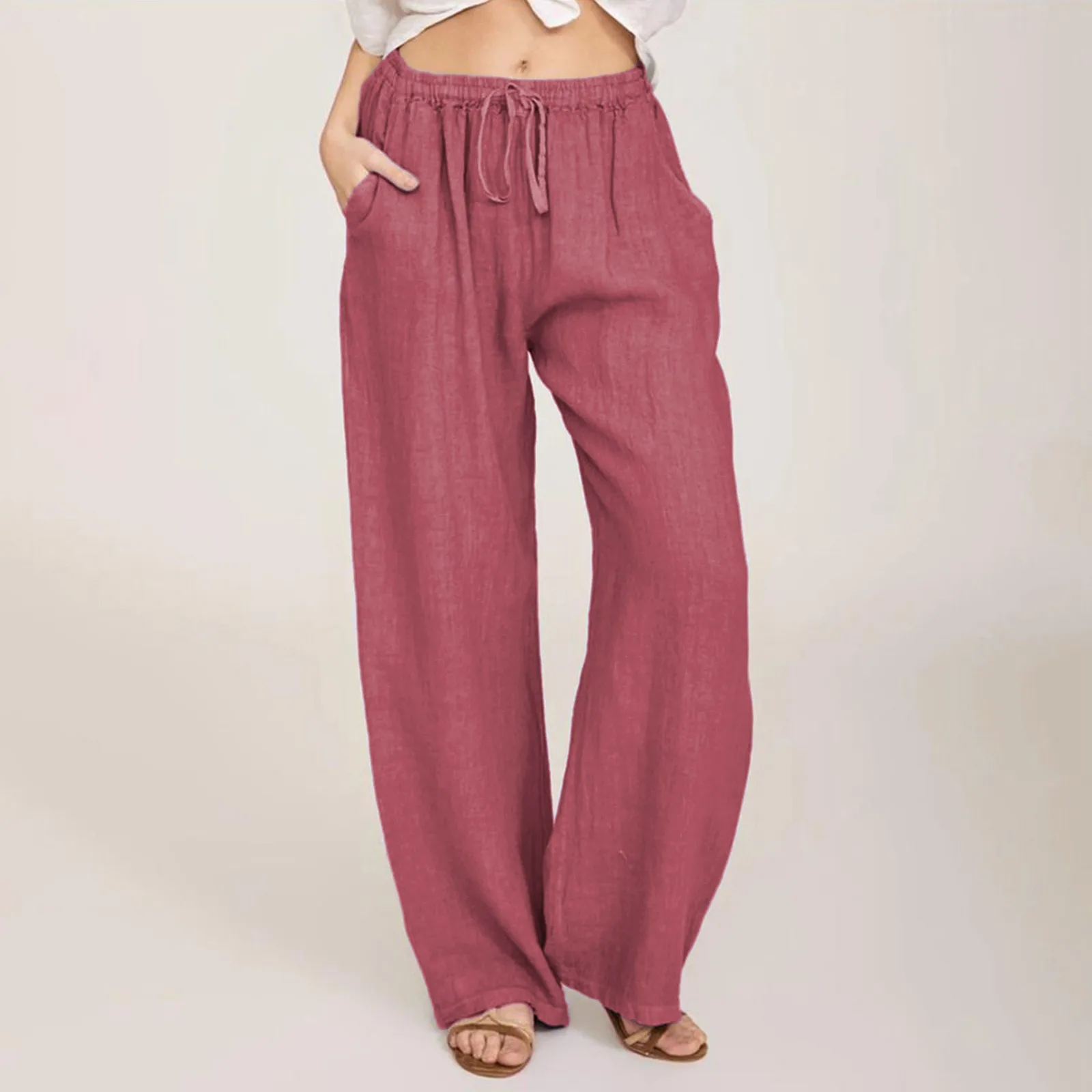 Women Solid Color Cotton Linen Pants Fashion Harajuku Trousers Girl Oversized Wide Leg Pants Loose Elastic Waist Jogger Pants