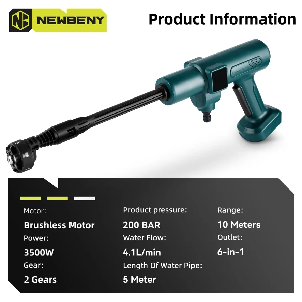 200Bar Brushless High Pressure Car Washer Gun 6 IN 1 Electric Garden Washing Water Wash Spray Gun For Makita Battery Pin