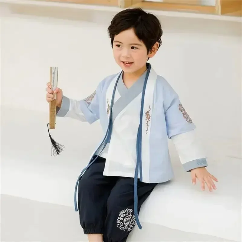 

2023 Autumn Chinese Style Cotton Linen Children Long Sleeved Tang Suit Shirt Coat Pants Boys Improved Modern Hanfu Suit Hanbok