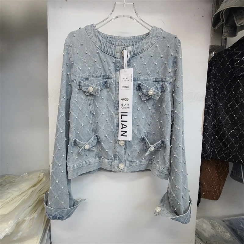 Autumn Women Fashion Pearl Beaded Diamond Blue Short Denim Jacket Round Neck Single-Breasted Long Sleeve Female Jean Jacket Coat