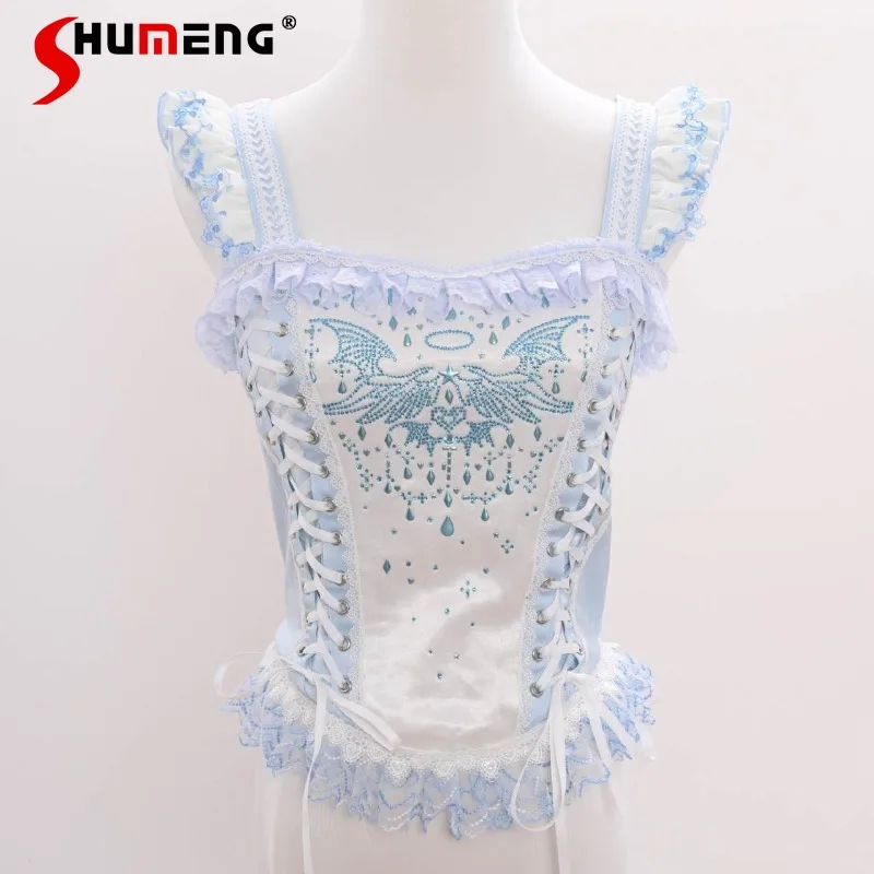 

Original Lolita Multi Color Angel Rhinestone Decor Sleeveless Tank Top Versatile Harajuku Gothic Y2K Camisoles Street Wear Girls