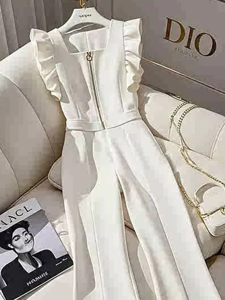 2025 Mono de mujer profesional Casual estilo Sexy pantalones de pierna ancha de cintura alta mono blanco drapeado de alta calidad para mujer