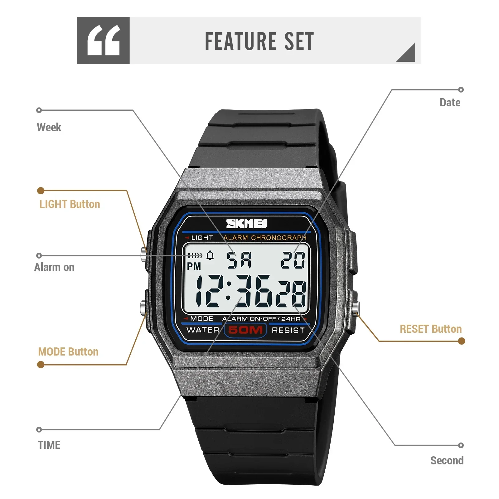 SKMEI-Montres de sport numériques pour hommes, montres-bracelets étanches, horloge militaire, extérieur, 5 bars, DNono, date, semaine, 2042