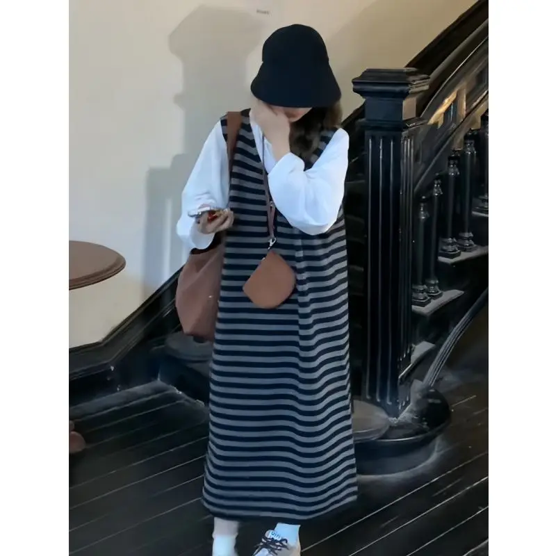 Korean Contrasting Striped Knitted Sweater Vest Dress for Women in Early Autumn Atmosphere Wearing Loose Sweater Long Skirt