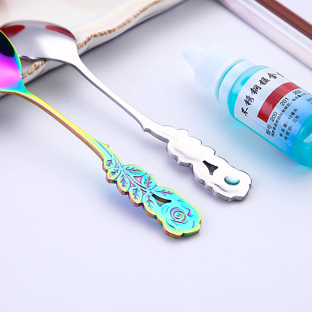 Tea Stirring Spoon Ice Cream Scoop 304 Stainless Steel Rose Flowers Spoons Rainbow Coffee Tea Spoon Flatware Drinking Tools