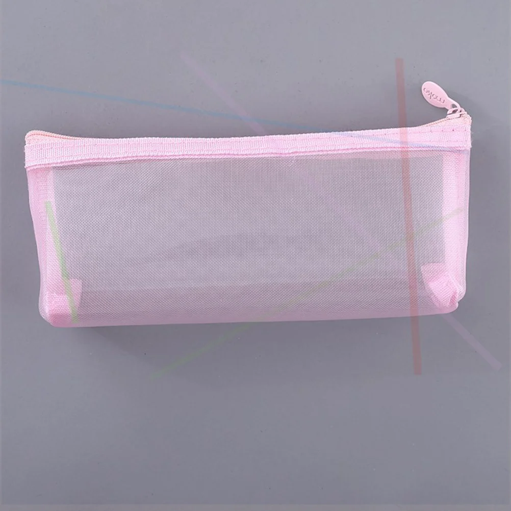 

Transparent Pencil Bag Pink Mesh Holder Nylon Portable for Stationery Organizing Cash Coins Card Keys Students Study