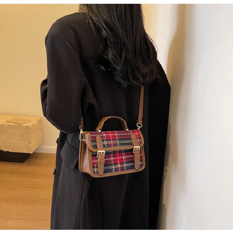 Most Popular Women Crossbody Bag Vintage Houndstooth Stachel Shoulder Bag Korean Plaid Messenger Purse Girls Black Phone Handbag