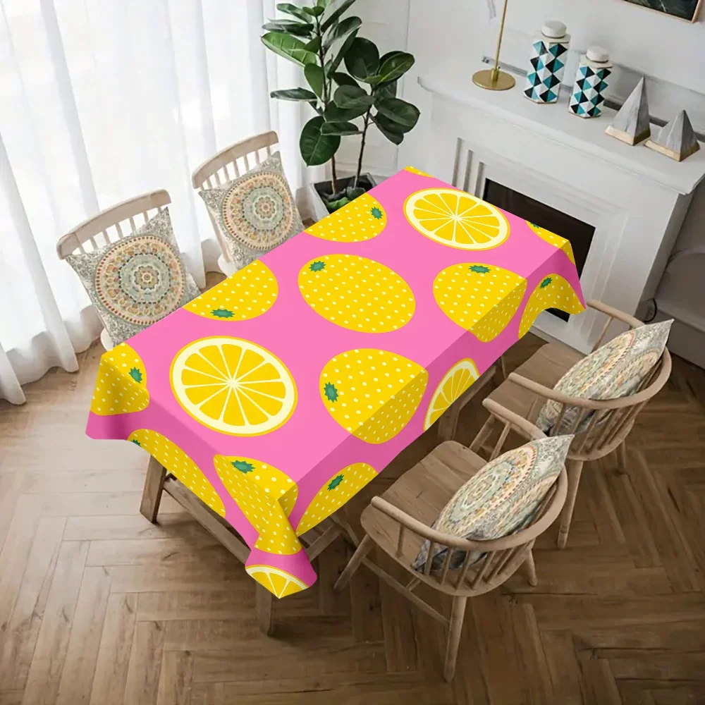 1pc Rectangular Tablecloth Pink Lemon Pineapple Print Table Cover For Dining Kitchen Party Dustproof Oilproof Decorative