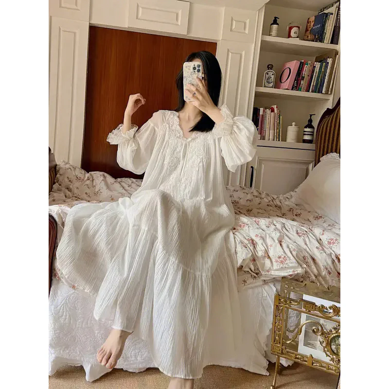 Nightgowns Women Leisure Solid Sweet Pajamas 4XL Princess Style Lace Trim Lantern Sleeve Cute Sleepdress Lovely Soft Home Wear