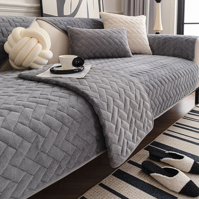 Nordic Soft Milk Velvet Sofa Cushion Solid Thickened Warm Furniture Protective Cover All-Season Fixed Anti Slip Home Accessories