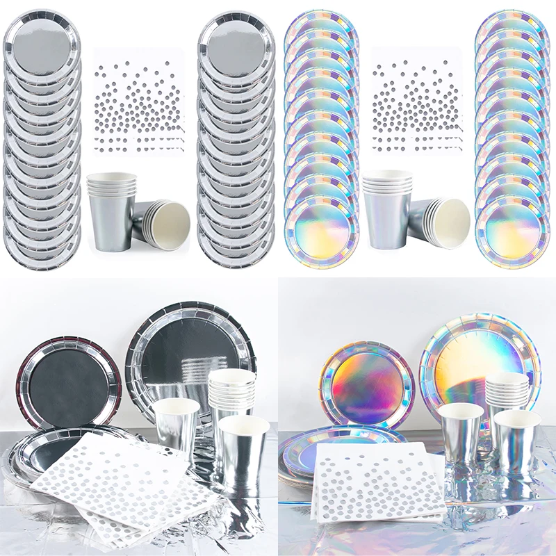 Silber Einweg Geschirr Set Laser Silber Farbe Pappteller Tasse Servietten Tischdecke Geburtstag Hochzeit Party Dekoration Lieferungen