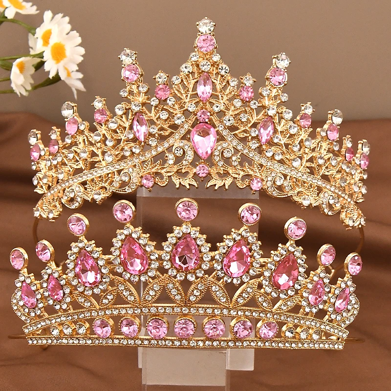 

2 Piece Baroque Gold Pink Crystal Tiara Bridal Rhinestone Ball Wedding Hair Accessory Crown Veil Headpiece