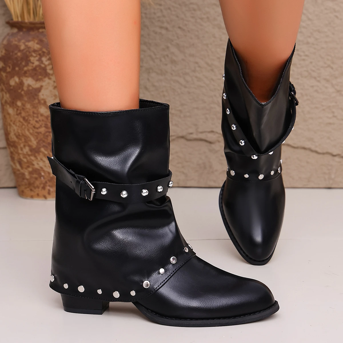 British Vintage Black Pu Leather Ankle Boots Women 2026 Spring Autumn Thick High Heel Boots Woman Gothic Rivet Short Booties