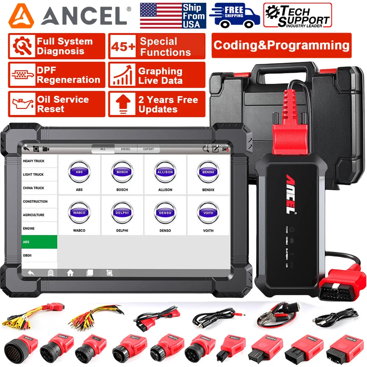 

ANCEL X7 HD Diesel Heavy Duty Truck Diagnostic Tool Bi-directional ECU Oil Reset DPF Regen 24V 12V All System OBD2 Truck Scanner