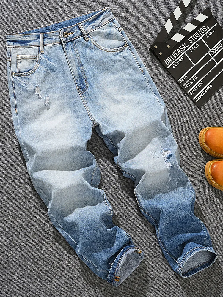

2025 New Spring and Summer Trendy Brand Loose Straight leg Jeans for Men and Youth, Retro High Street Gradient Blue Pants