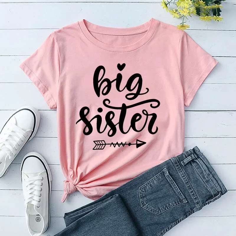 T-Shirts Women Short Sleeve Funny Cotton Round Neck Tee Shirt Casual Summer Tops Cute Big Sister Printed