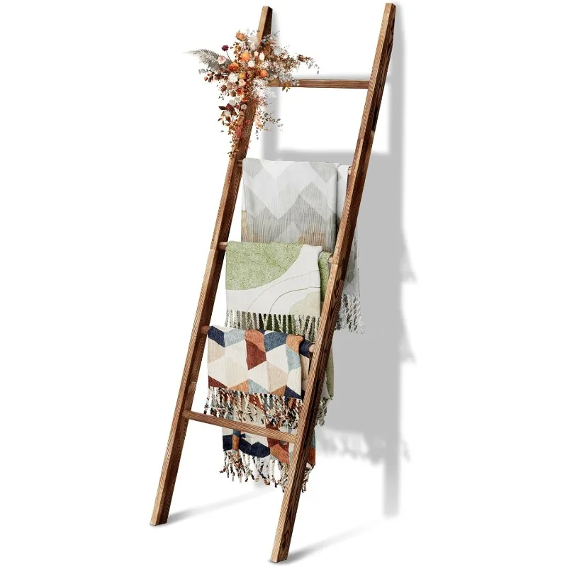 5-Tier Blanket Ladder Wooden，Blanket Quilt Holder Rack Decorative Ladder, Easy Assembly, Rustic Farmhouse Ladder Shelf