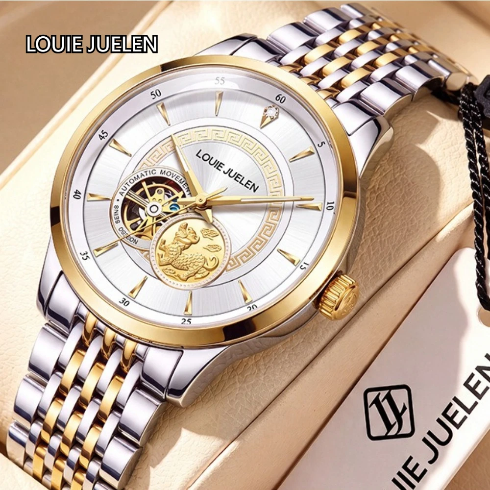 LOUIE JUELEN 2026 Men Automatic Watch Hollow Skeleton Dial Diamond Mark Luminous Waterproof Luxury Male Mechanical Wristwatch