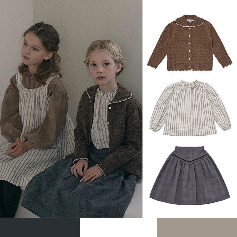 24 New Nordic Niche Suit Striped Cotton Long Sleeve Girls Cardigan Skirt Shirt Set