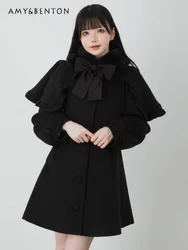 Japanese Sweet Kawaii Cloak Stitching Mid-Length Woolen Jackets for Women Preppy Style Cute Black Bow Slim Wool Coat Spring New