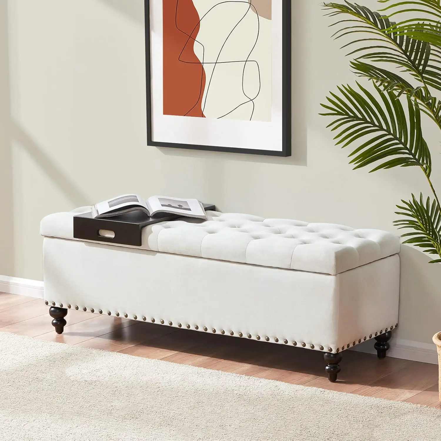 51-inch Storage Ottoman Bench with Removable Tray, Bedroom Bench with Button-Tufted, Safety Hinge Ottoman in Upholstered