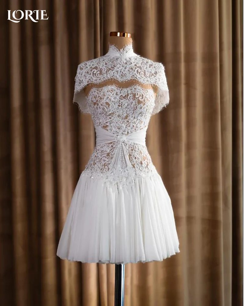 LORIE Vintage Lace Short Wedding Dress Swetheart Appliques Shawl Sexy Pleats Mini Bridal Gown Princess Bride Gown Customized