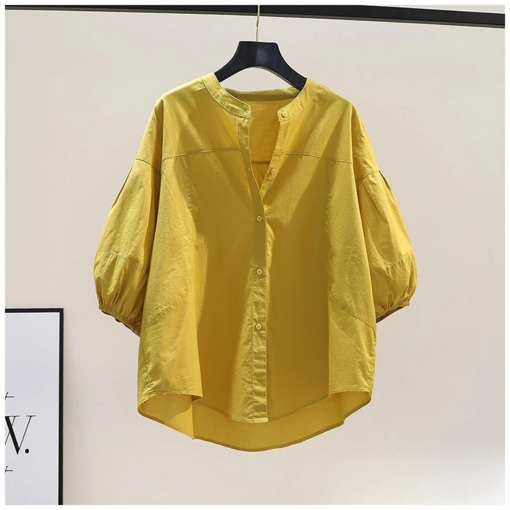 Blusa informal de algodón para mujer, camisa con cuello levantado, mangas farol, versátil, versión coreana, fina